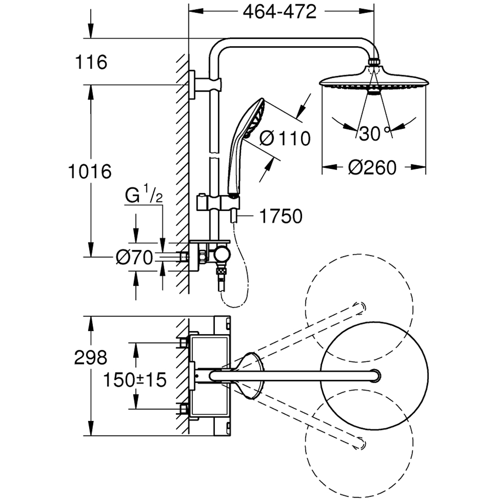 Sistem dus GROHE Vitalio Joy 260 26403001, termostat, 3 functii, crom