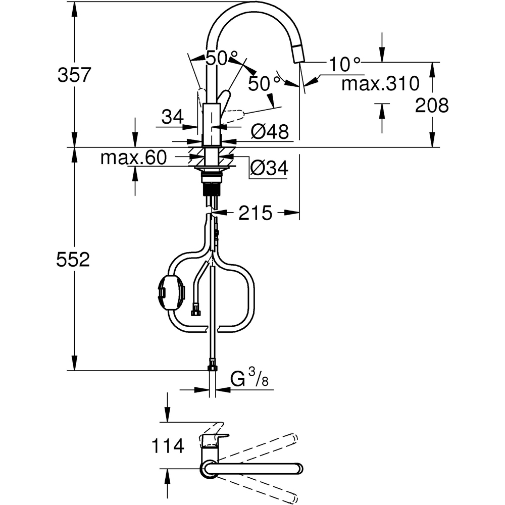 Baterie bucatarie GROHE Start Curve, extractibil, alama sanitara, crom