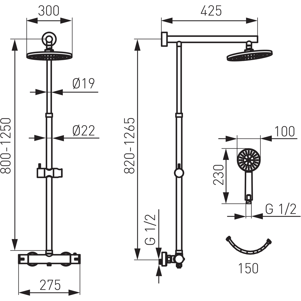 Sistem dus FERRO Trevi Black NP75-TRV7U-BL, termostat, 3 functii, negru