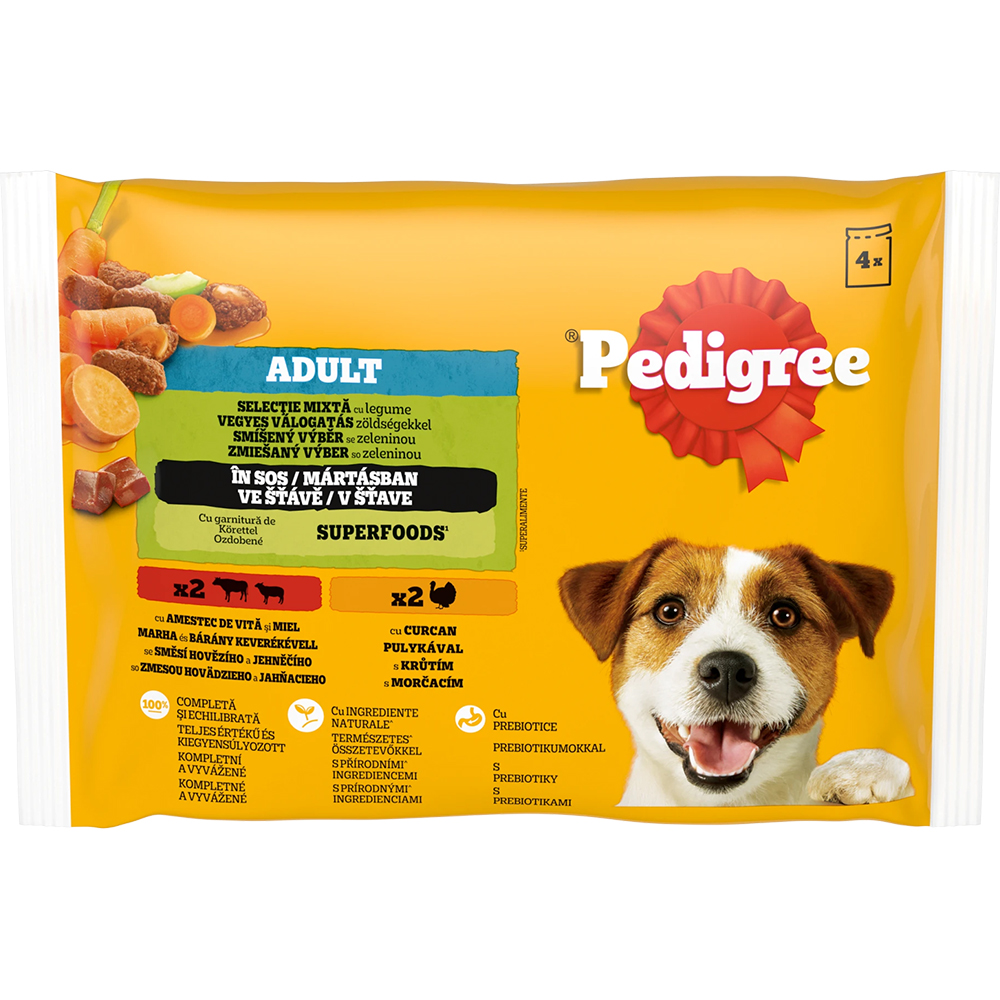 Hrana umeda pentru caini PEDIGREE, Adult, Mix in sos cu morcovi, 4 x 100 g