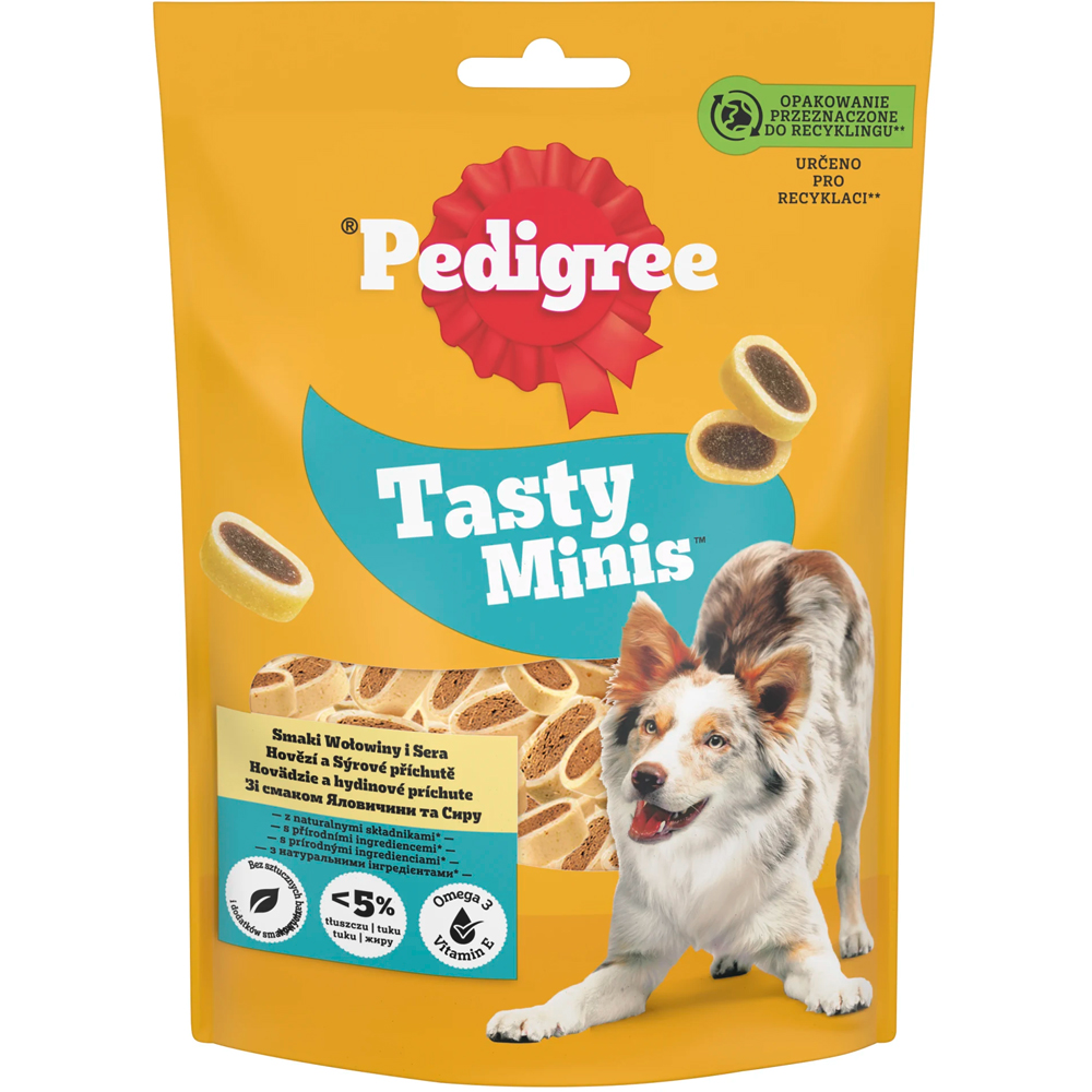 Recompensa pentru caini PEDIGREE Tasty Minis, Branza si Vita, 140 g