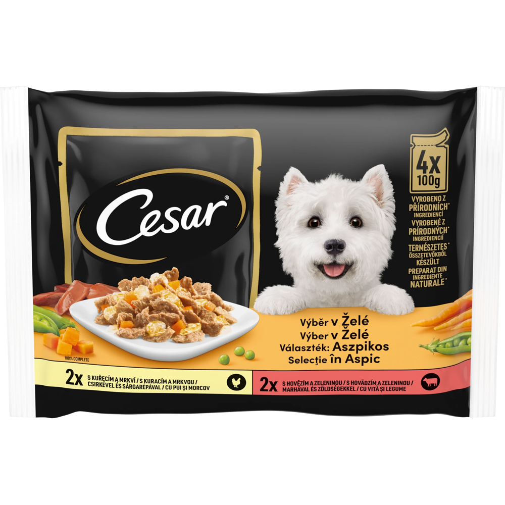 Hrana umeda pentru caini CESAR, Adult, Mix in aspic, 4 x 100 g