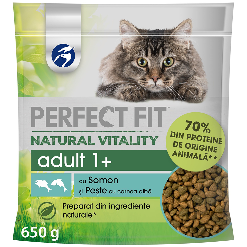 Hrana umeda pentru pisici PERFECT FIT Natural Vitality, Adult, Somon si peste, 650 g