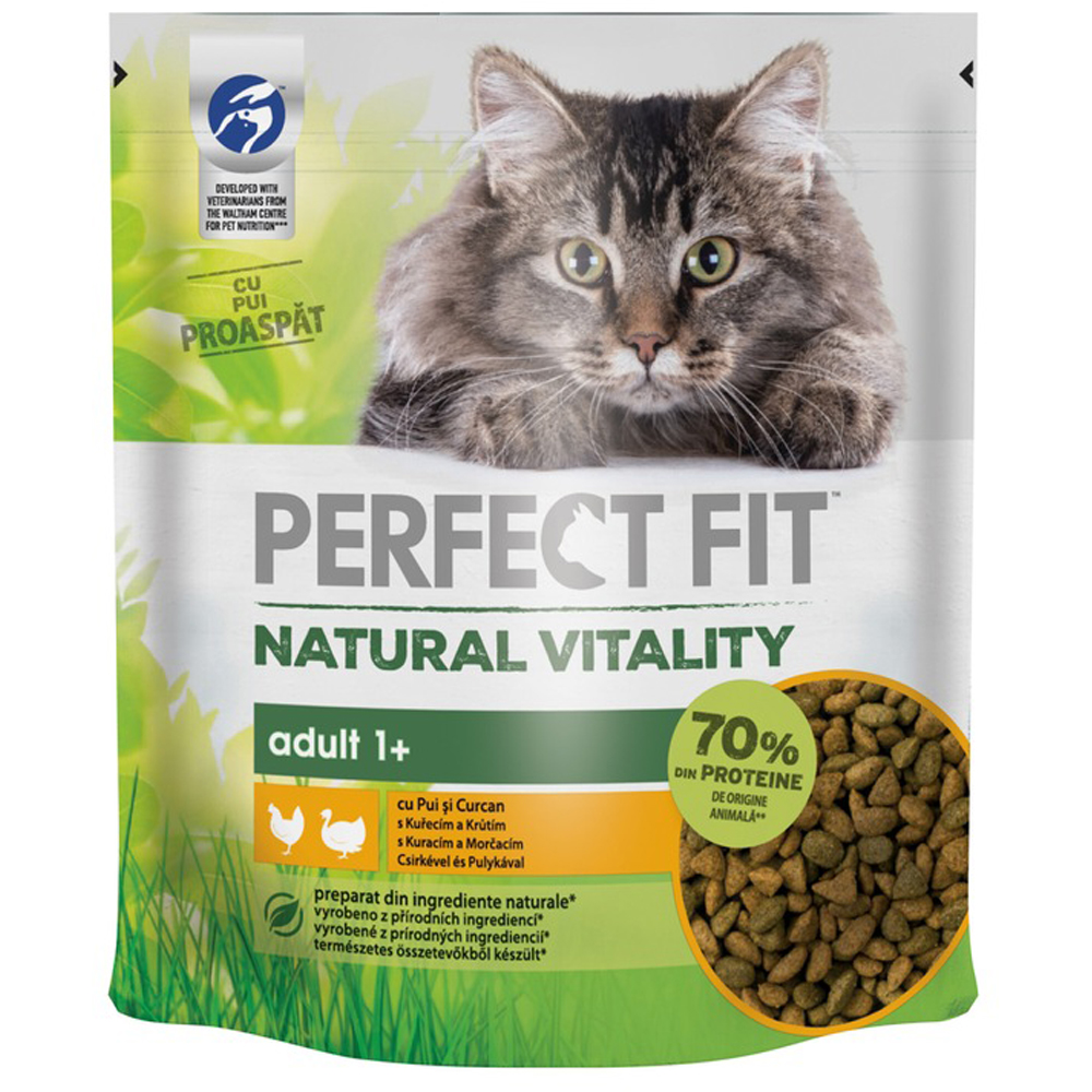 Hrana umeda pentru pisici PERFECT FIT Natural Vitality, Adult, Pui si curcan, 650 g