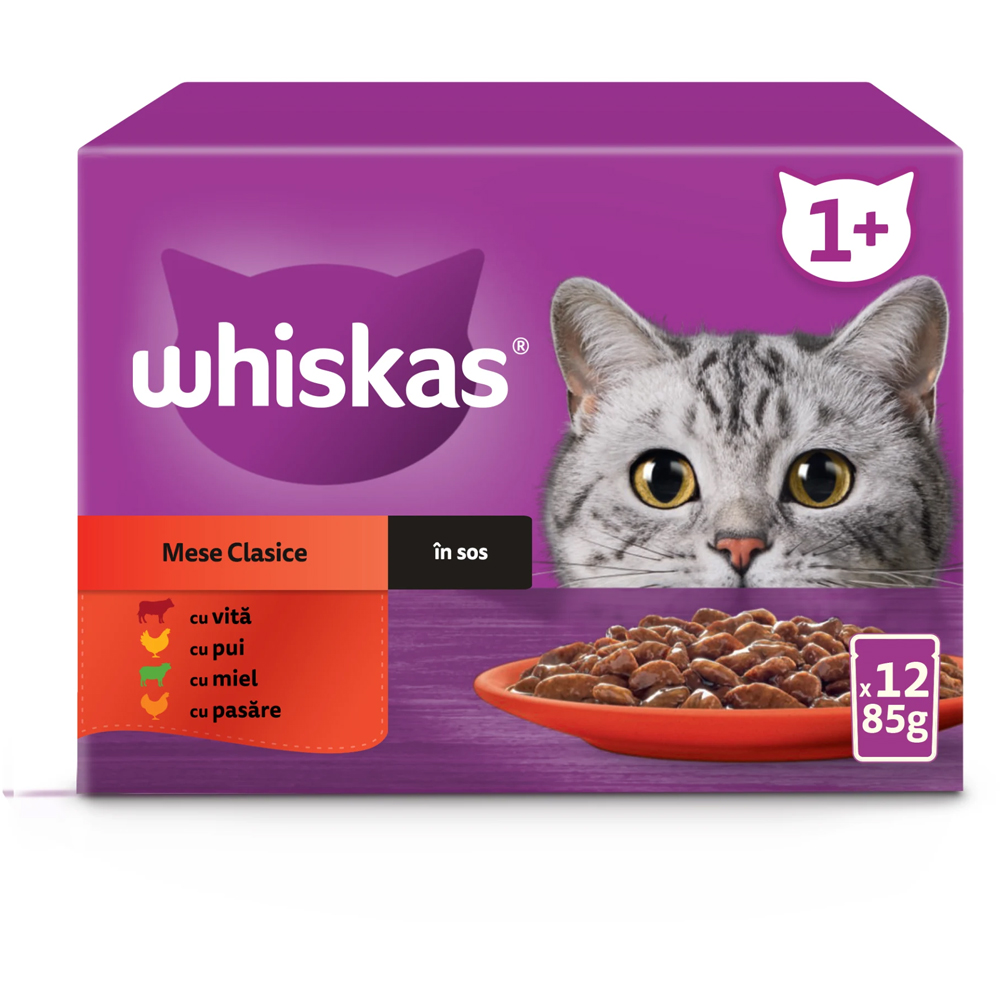 Hrana umeda pentru pisici WHISKAS Mese Clasice, Adult, Mix in sos, 12 x 85 g