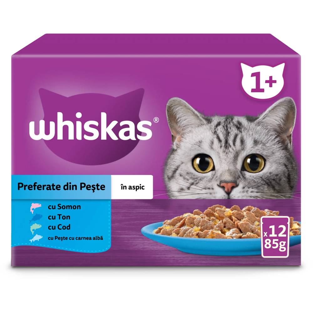 Hrana umeda pentru pisici WHISKAS, Adult, Peste in aspic, 12 x 85 g g