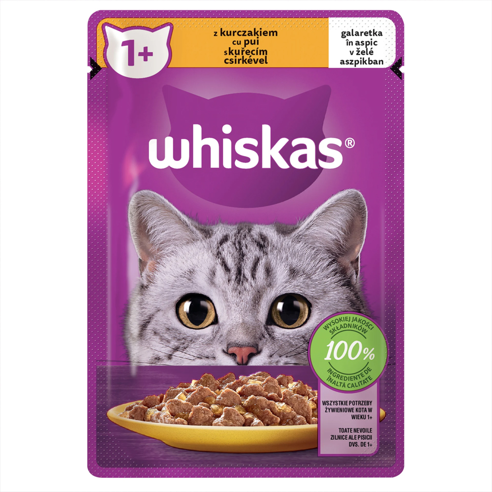 Hrana umeda pentru pisici WHISKAS, Adult, Pui in aspic, 85 g