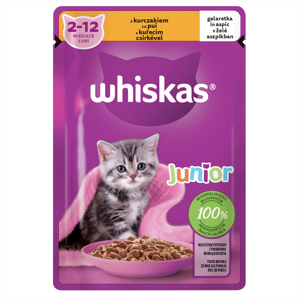 Hrana umeda pentru pisici WHISKAS, Junior, Pui in aspic, 85 g