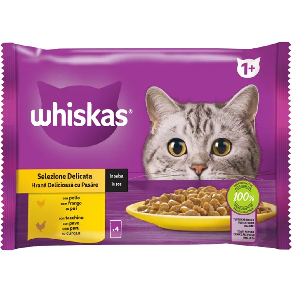 Hrana umeda pentru pisici WHISKAS, Adult, Pasare in sos, 4 x 85 g