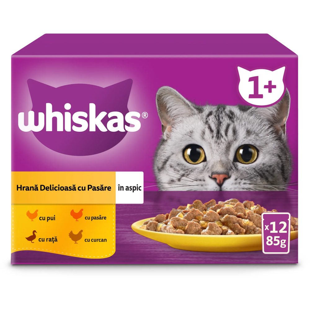 Hrana umeda pentru pisici WHISKAS, Adult, Pasare in aspic, 12 x 85 g g