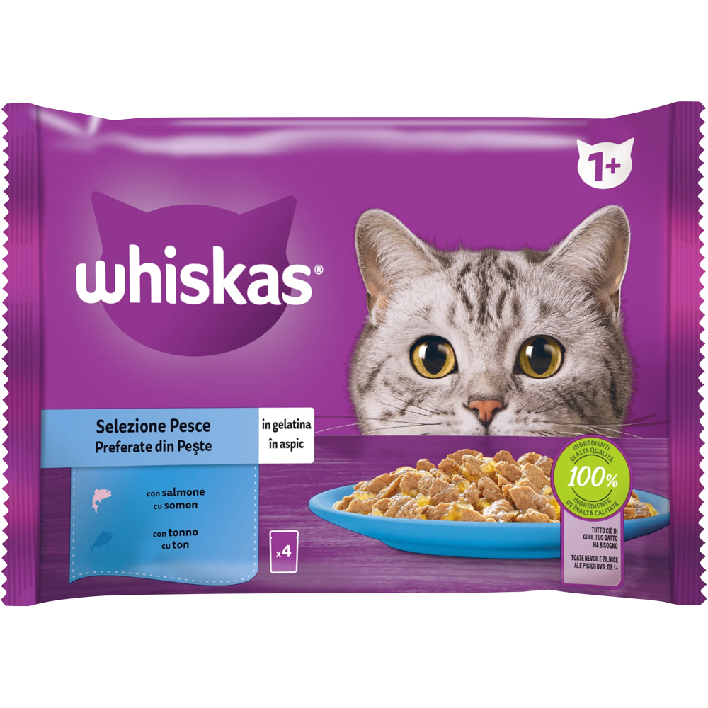 Hrana umeda pentru pisici WHISKAS, Adult, Peste in aspic, 4 x 85 g g