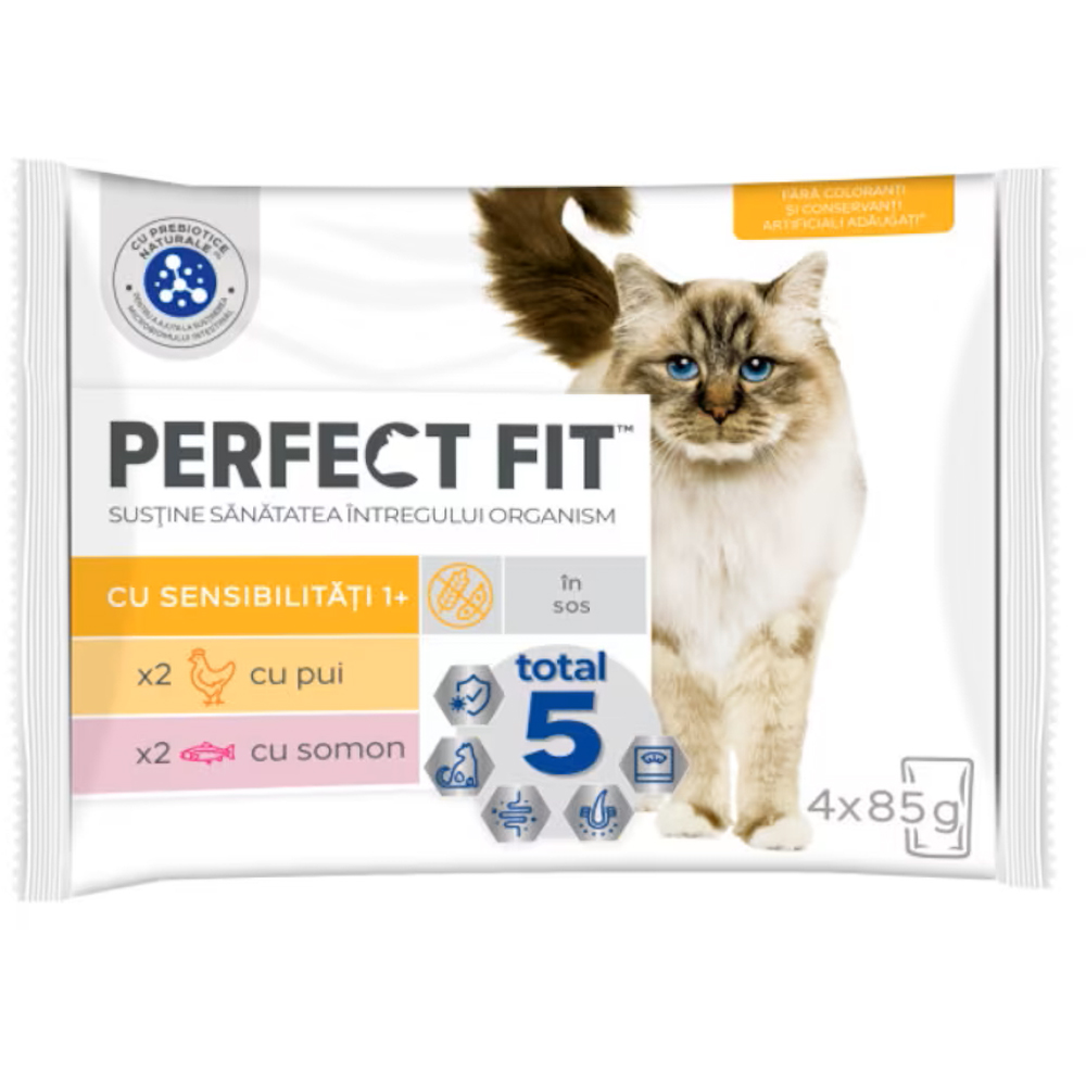 Hrana umeda pentru pisici PERFECT FIT Sensitive, Adult, Pui si somon, 4 x 85 g