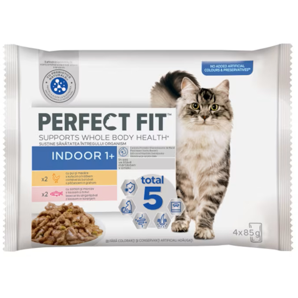 Hrana umeda pentru pisici PERFECT FIT Indoor, Adult, Pui si somon, 4 x 85 g