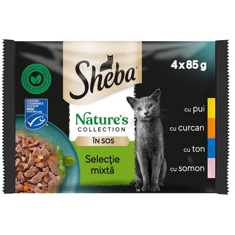 Hrana umeda pentru pisici SHEBA Nature's Collection, Adult, Mix in sos, 4 x 85 g