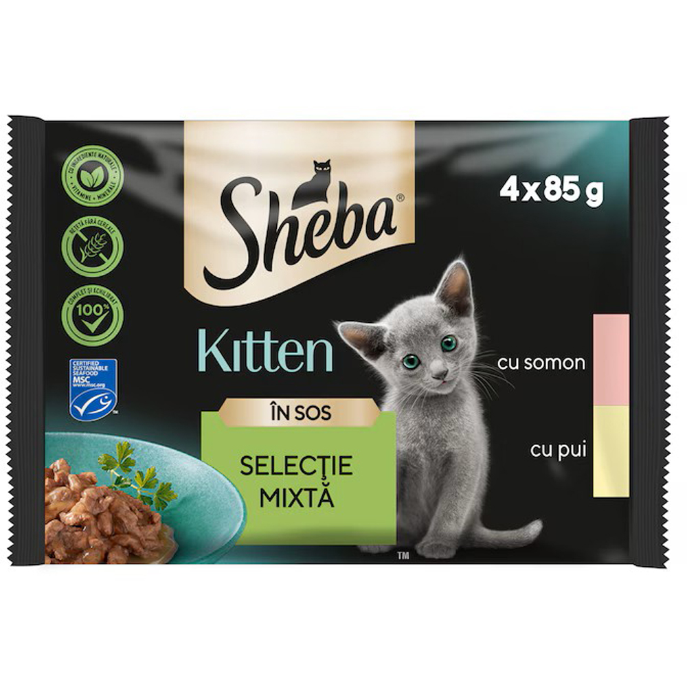 Hrana umeda pentru pisici SHEBA, Junior, Mix in sos, 4 x 85 g