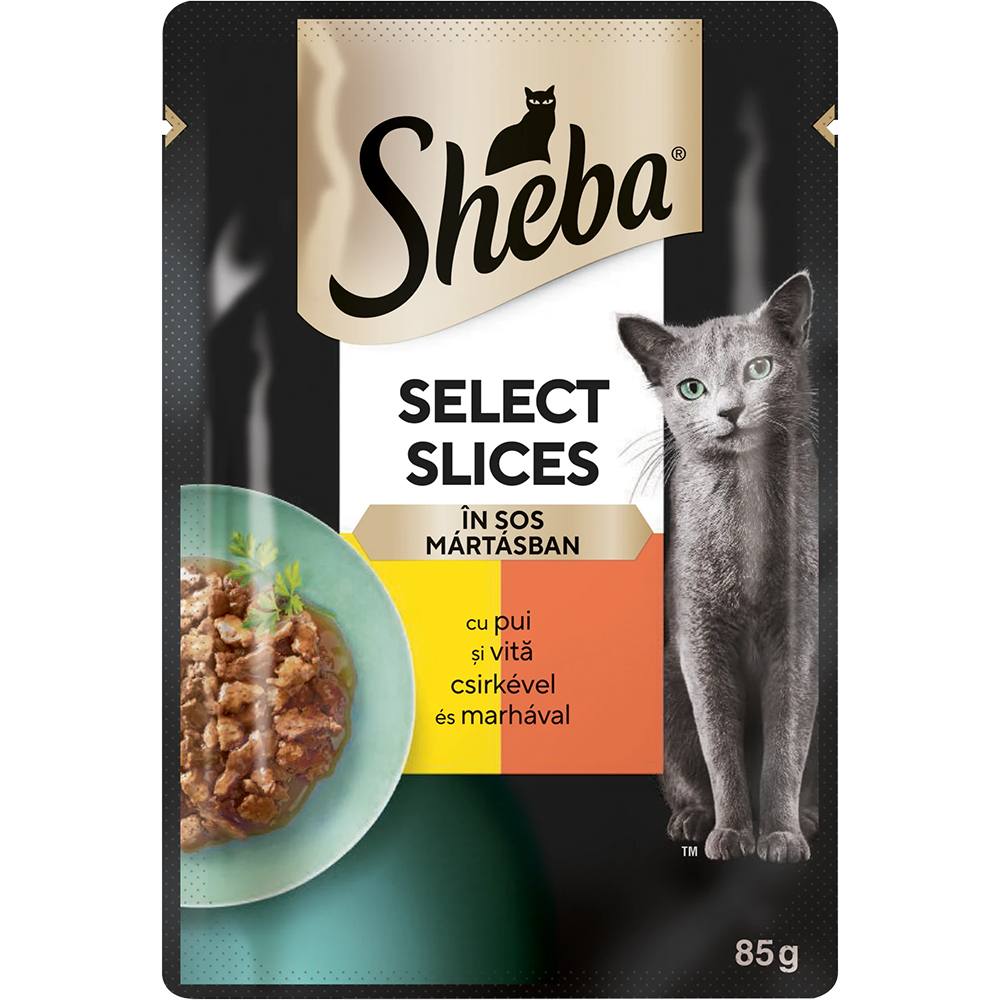Hrana umeda pentru pisici SHEBA Select Slices, Adult, Vita si pui in sos, 85 g