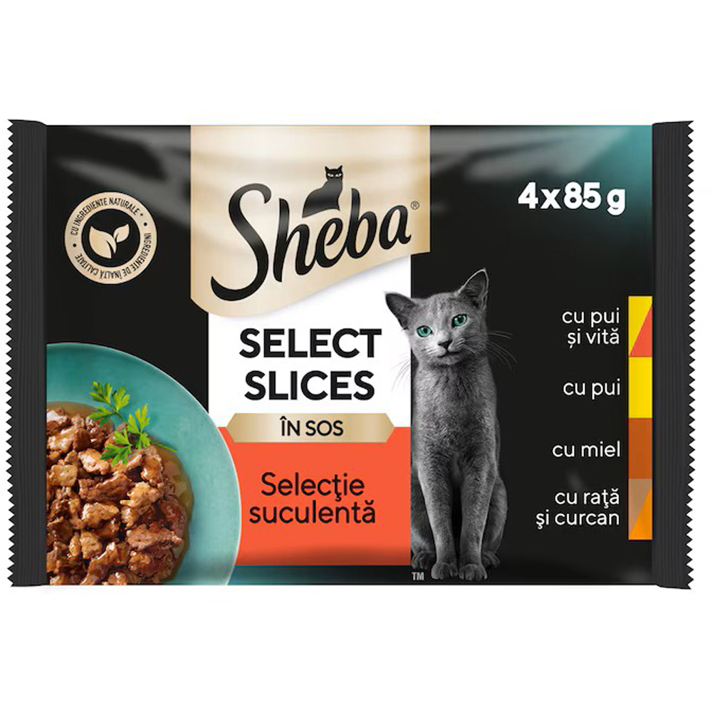 Hrana umeda pentru pisici SHEBA Select Slices, Adult, Mix in sos, 4 x 85 g