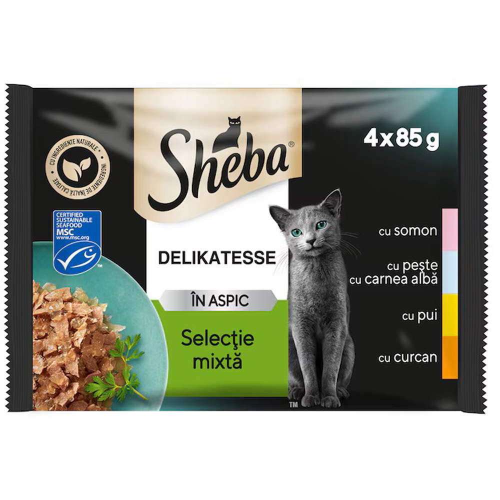 Hrana umeda pentru pisici SHEBA Delikatesse, Adult, Mix in aspic, 4 x 85 g