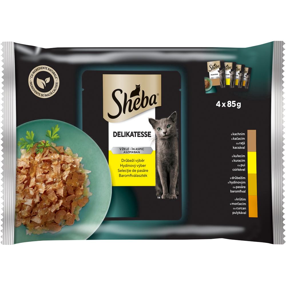 Hrana umeda pentru pisici SHEBA Delikatesse, Adult, Pasare in aspic, 4 x 85 g