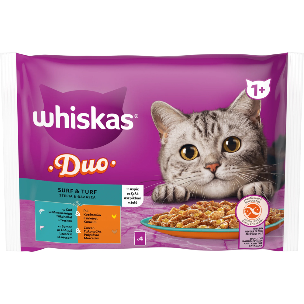 Hrana umeda pentru pisici WHISKAS Duo Surf and Turf, Adult, Mix in aspic, 4 x 85 g g