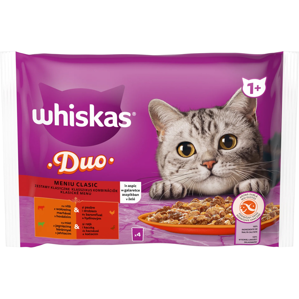 Hrana umeda pentru pisici WHISKAS Duo, Adult, Vita si Pasare in aspic, 4 x 85 g