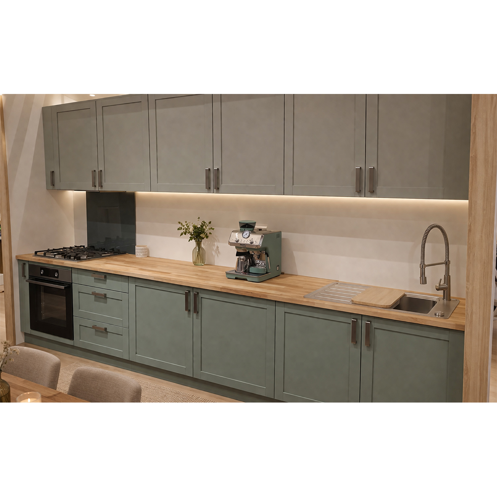 Mobila bucatarie Ashmead, PAL, 335 x 60 x 216 cm, verde-crem