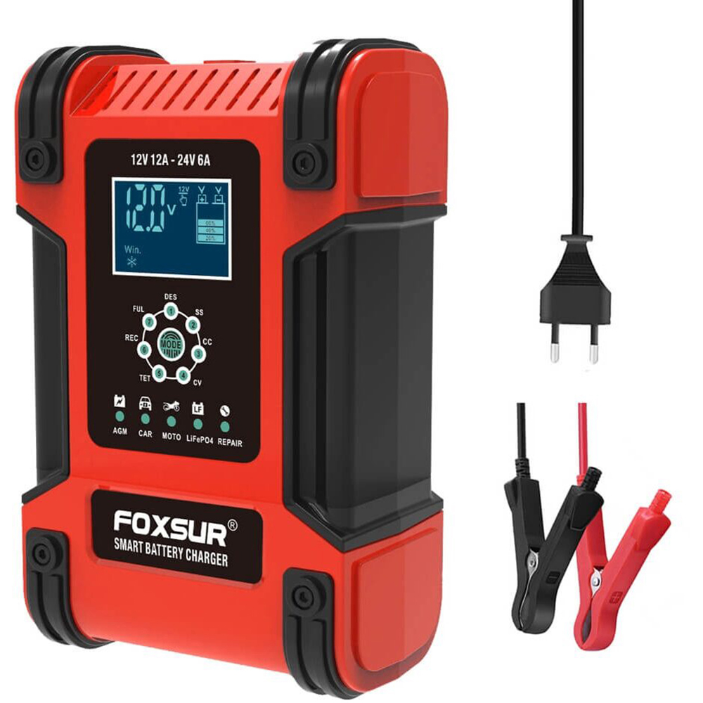 Redresor auto FOXSUR 12242R, 12V 12A 24V 6A, negru