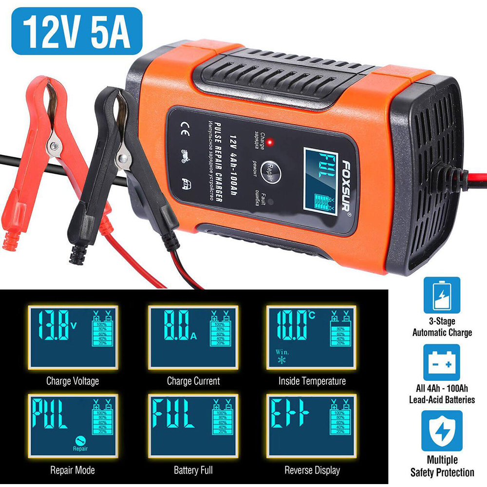 Redresor auto FOXSUR 12601R, 12V, 5A, negru