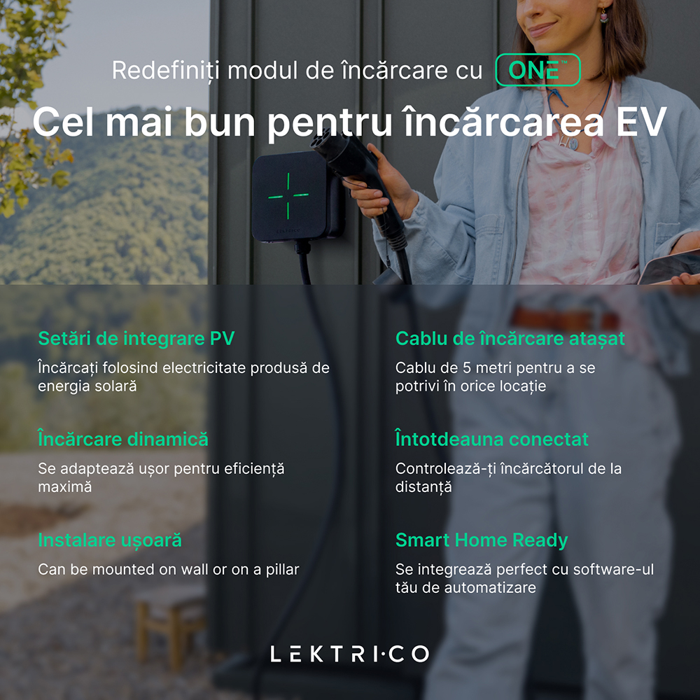 Statie incarcare masini electrice LEKTRI.CO One EM, monofazat 7.4kW, 32A, Type 2, cablu 5m, Wi-Fi, negru