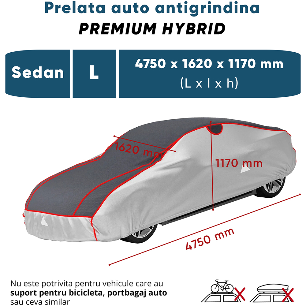 Prelata auto WALSER Premium Hybrid L, 475 x 162 x 117 cm, gri