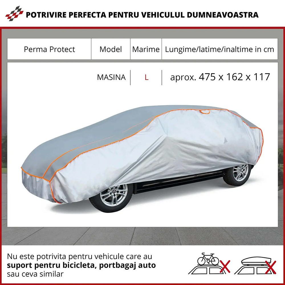 Prelata auto WALSER L, 475 x 162 x 117 cm, antigrindina, argintiu-negru