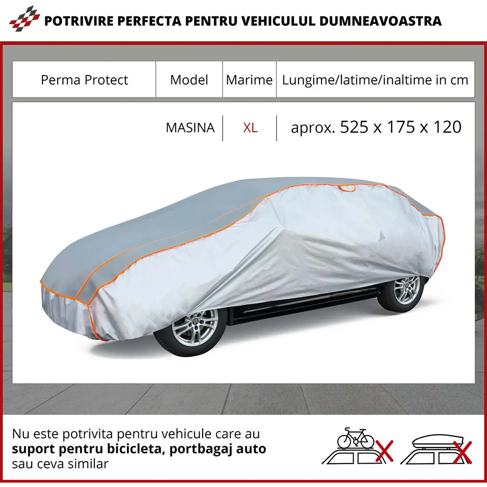 Prelata auto WALSER XL, 525 x 175 x 120 cm, antigrindina, argintiu-negru