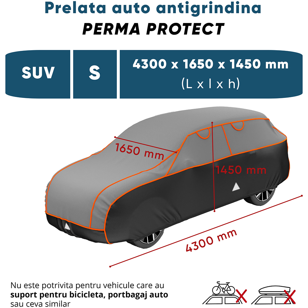 Prelata auto WALSER Perma Protect S, 430 x 165 x 145 cm, gri