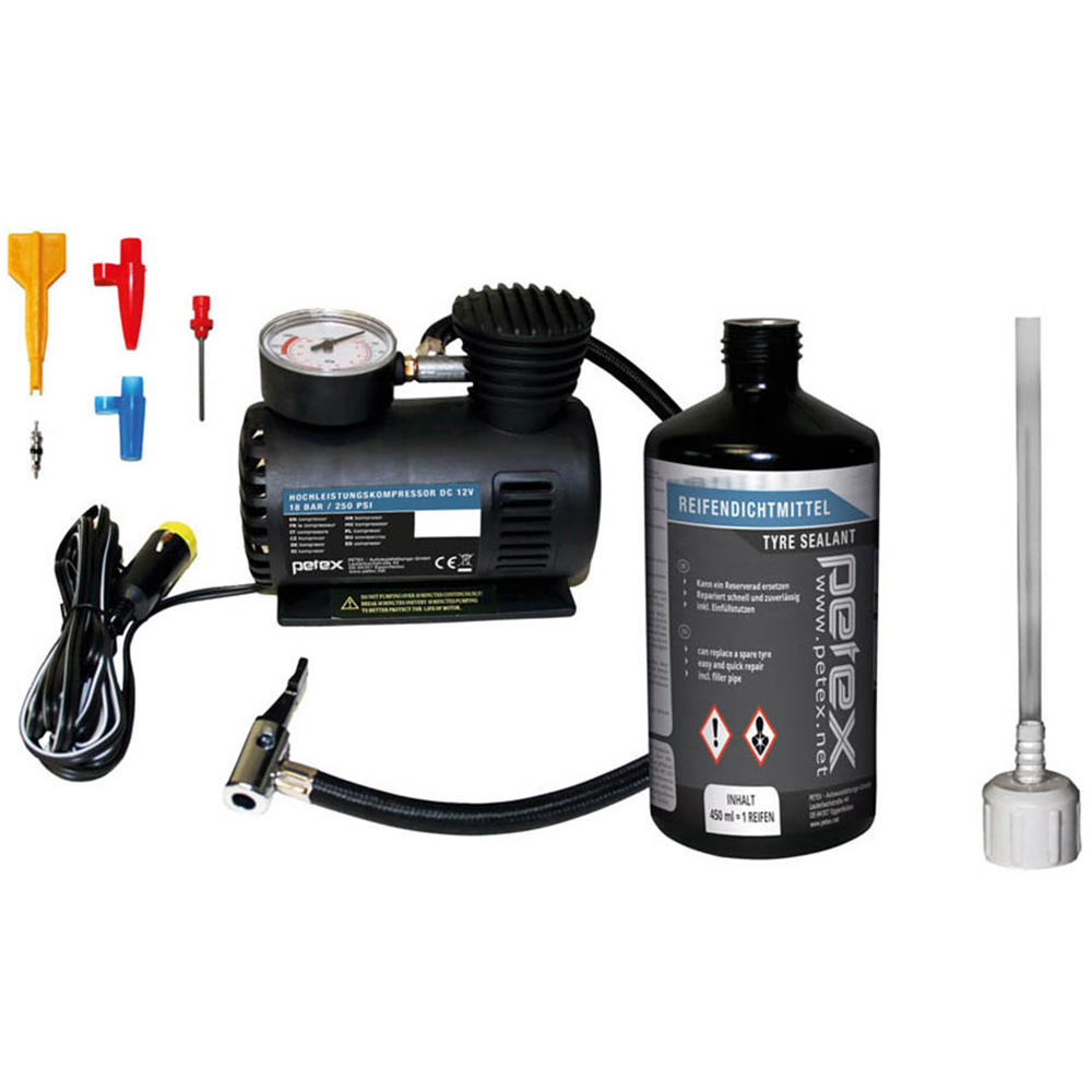 Kit pana PETEX, compresor 12V, 18bari, solutie etansare, extractor ventil