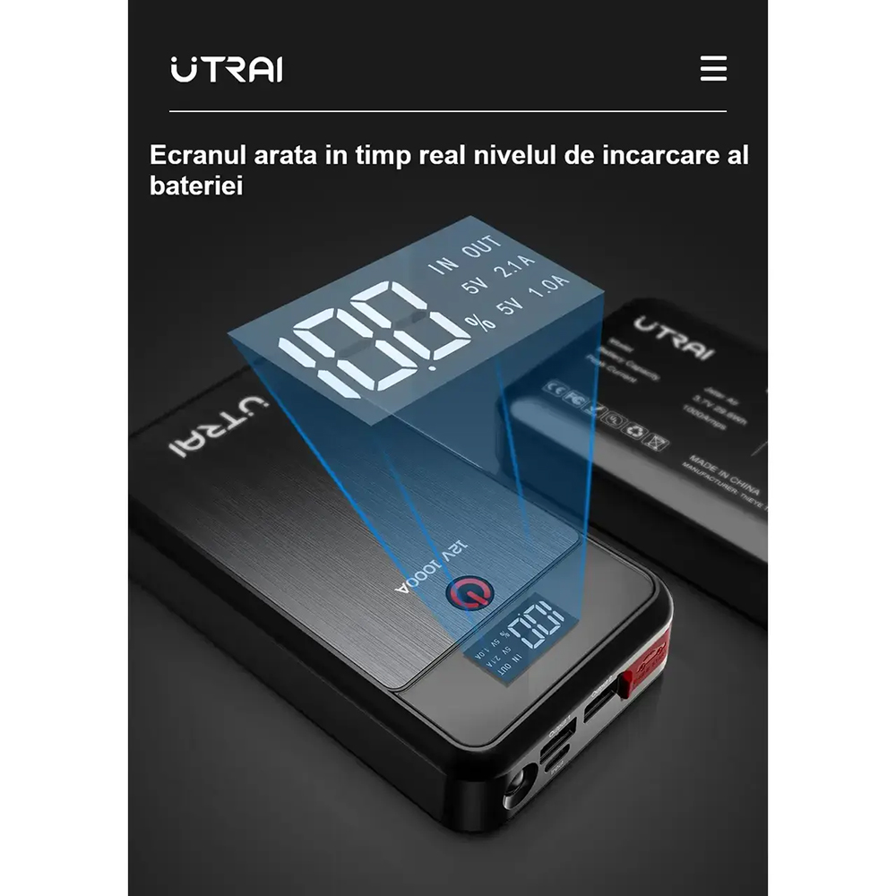 Starter auto UTRAI Jstar Air, 12V, 1000A, 8000mAh, USB, Lanterna, negru
