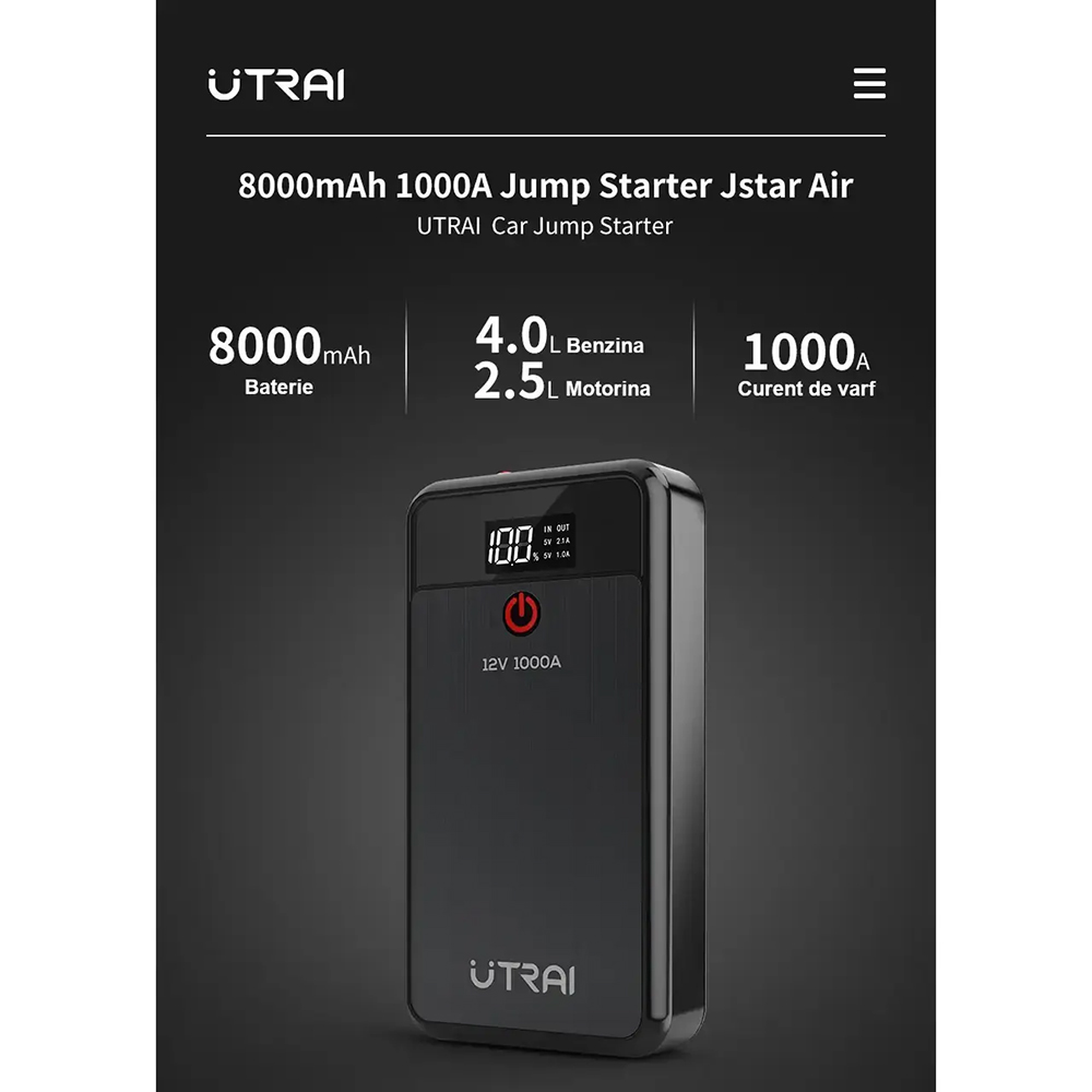 Starter auto UTRAI Jstar Air, 12V, 1000A, 8000mAh, USB, Lanterna, negru
