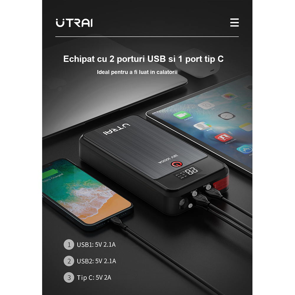 Starter auto UTRAI Jstar Air, 12V, 1000A, 8000mAh, USB, Lanterna, negru