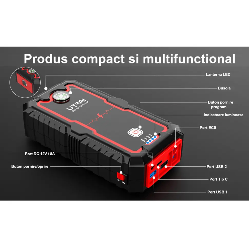 Starter auto UTRAI Jstar One, 12V, 2000A, 16000mAh, USB, Busola, Lanterna, negru