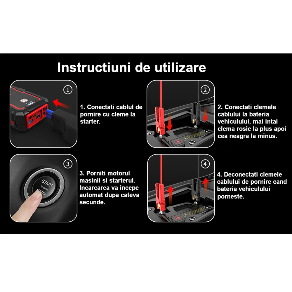 Starter auto UTRAI Jstar One, 12V, 2000A, 16000mAh, USB, Busola, Lanterna, negru