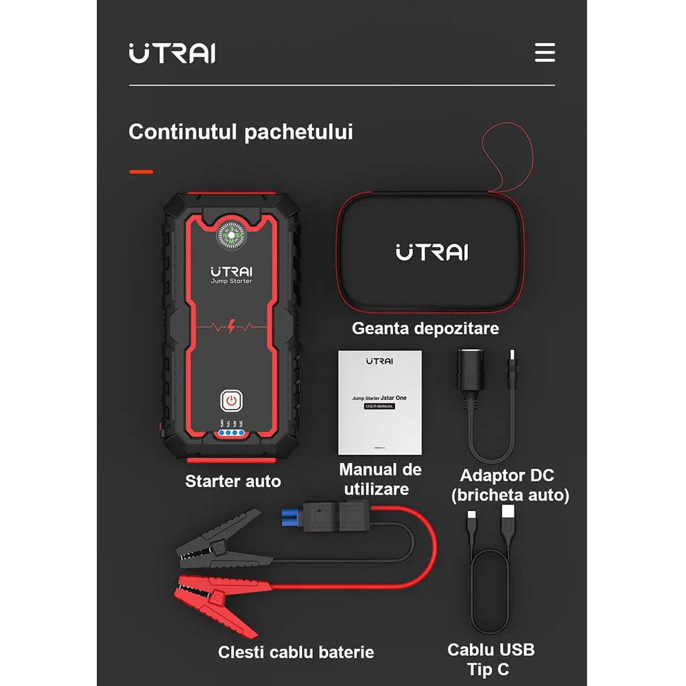 Starter auto UTRAI Jstar One, 12V, 2000A, 16000mAh, USB, Busola, Lanterna, negru