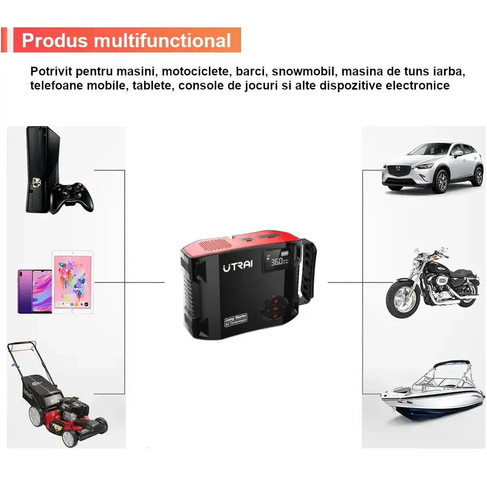Starter auto UTRAI Jstar 5, 12V, 2500A, 27000mAh, USB, compresor, lanterna, negru