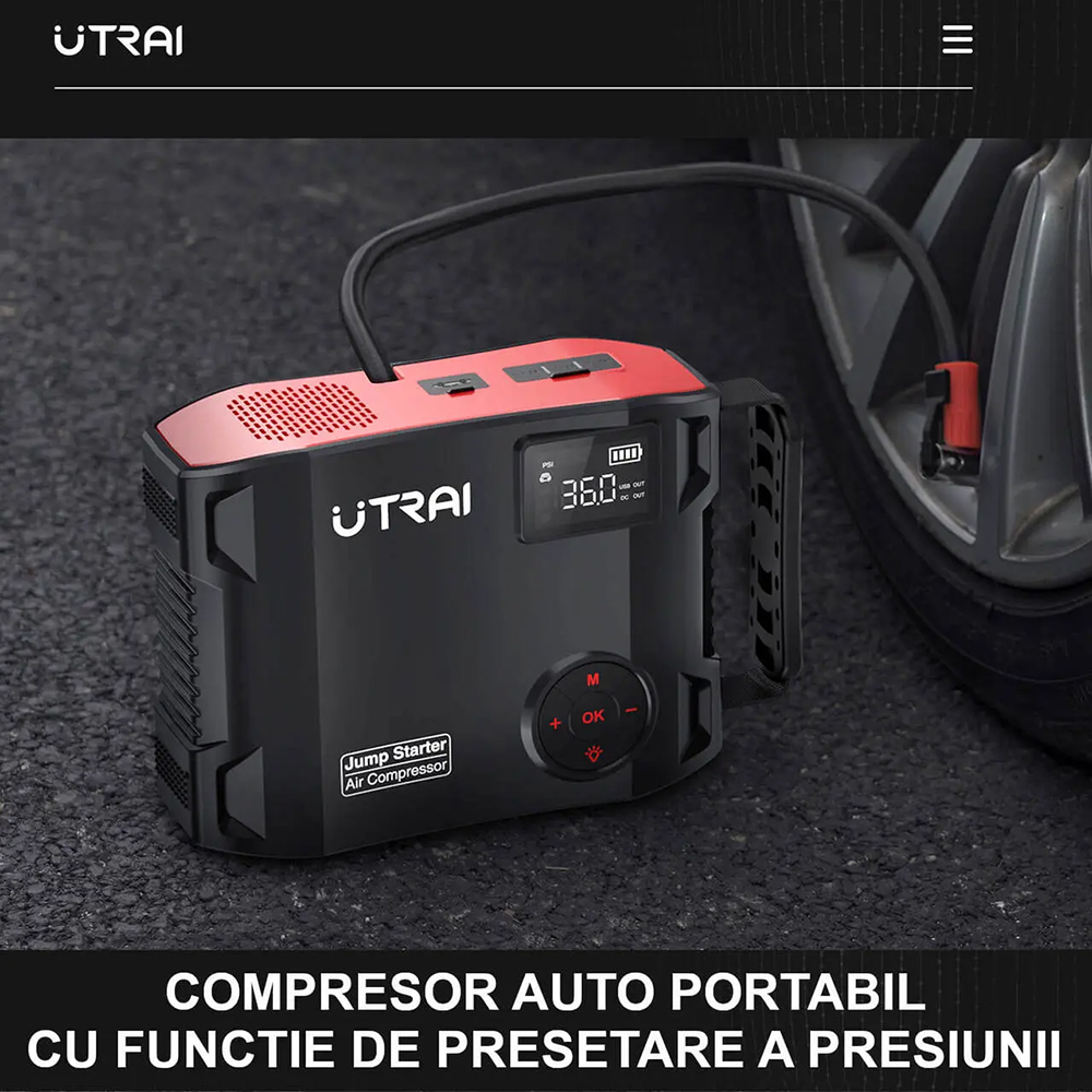 Starter auto UTRAI Jstar 5, 12V, 2500A, 27000mAh, USB, compresor, lanterna, negru