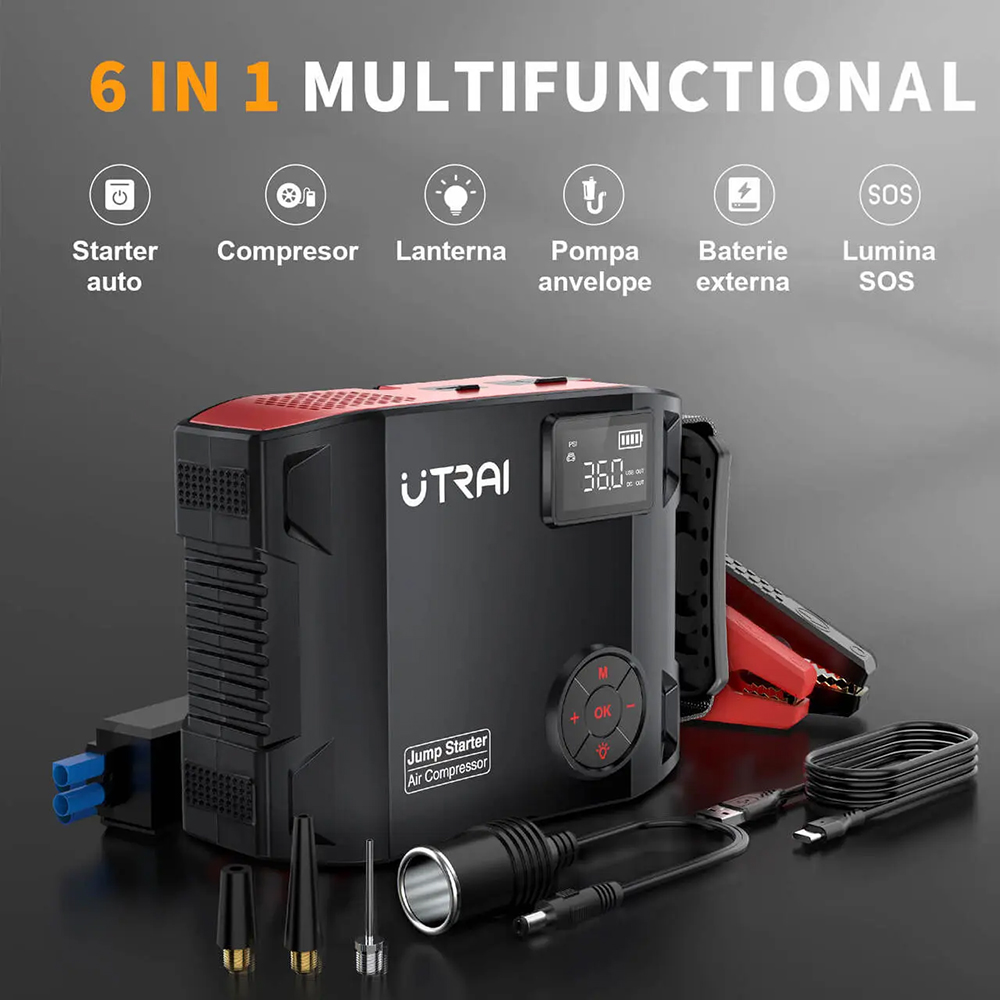 Starter auto UTRAI Jstar 5, 12V, 2500A, 27000mAh, USB, compresor, lanterna, negru