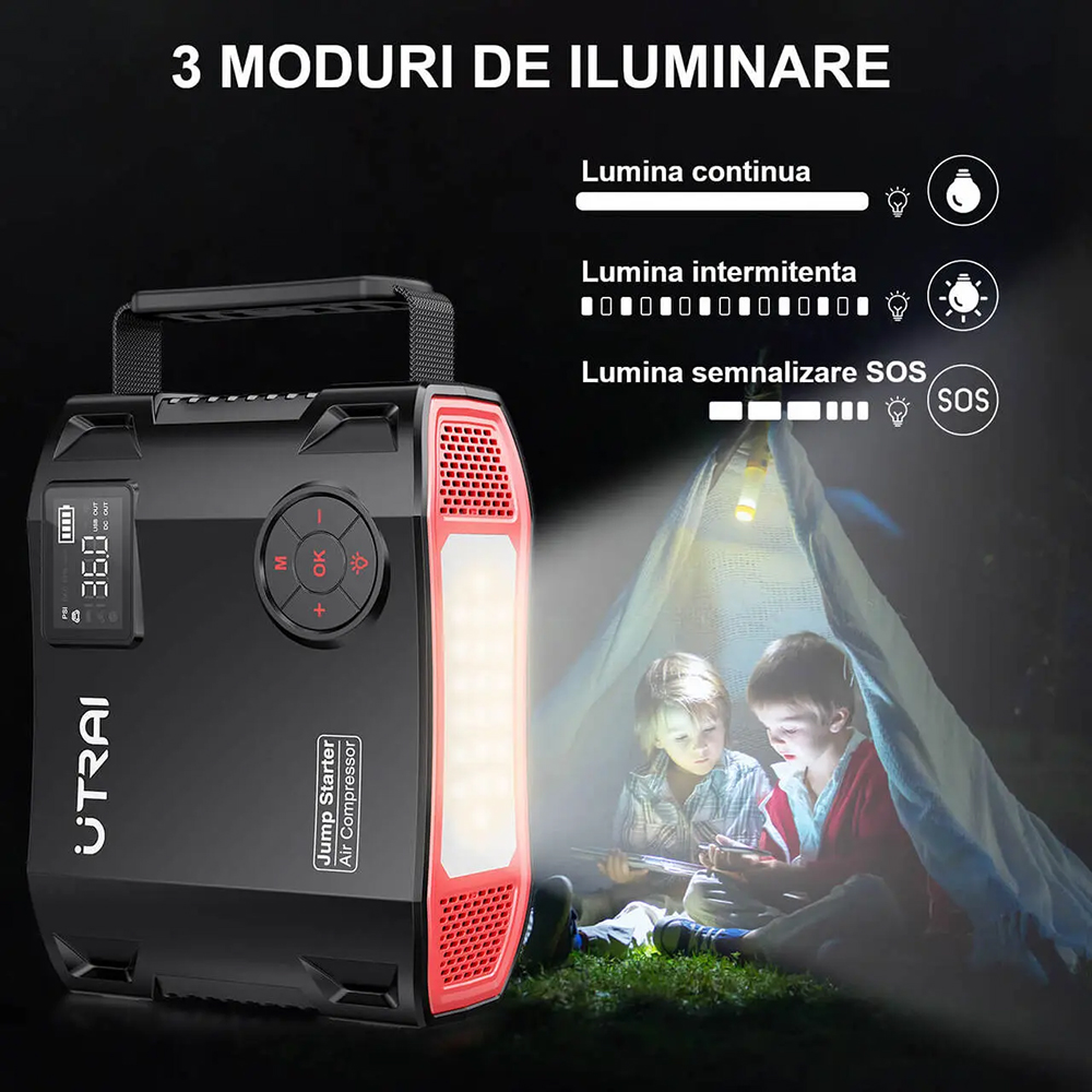 Starter auto UTRAI Jstar 5, 12V, 2500A, 27000mAh, USB, compresor, lanterna, negru