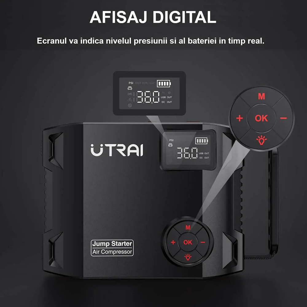 Starter auto UTRAI Jstar 5, 12V, 2500A, 27000mAh, USB, compresor, lanterna, negru