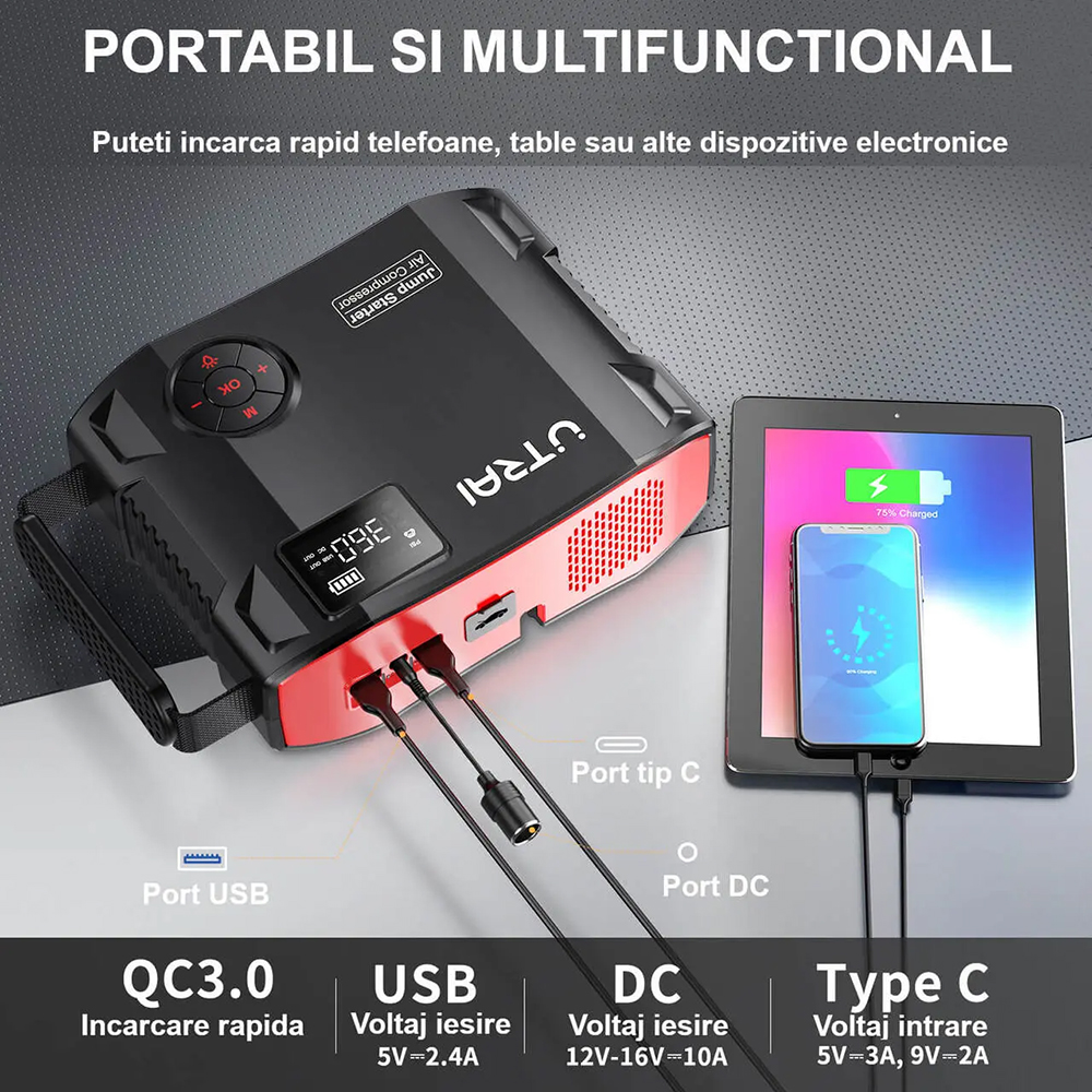 Starter auto UTRAI Jstar 5, 12V, 2500A, 27000mAh, USB, compresor, lanterna, negru