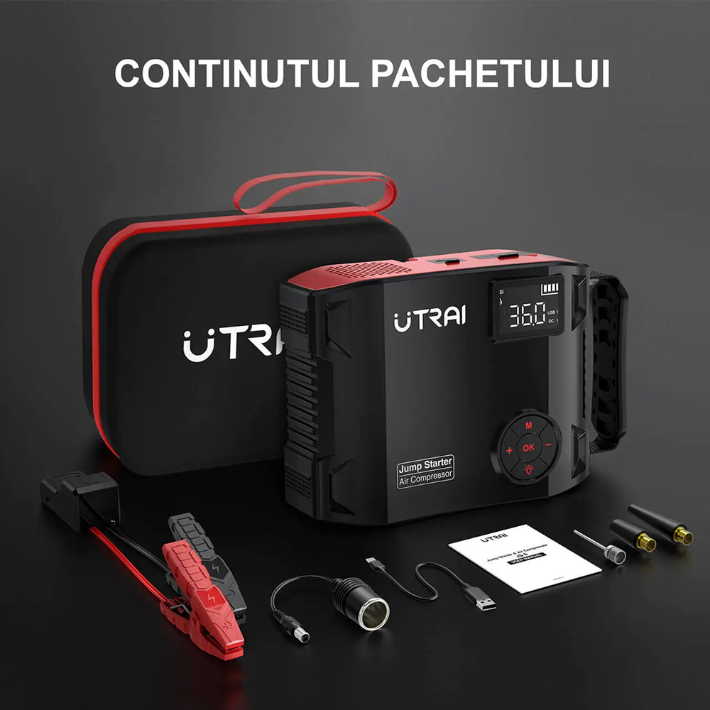 Starter auto UTRAI Jstar 5, 12V, 2500A, 27000mAh, USB, compresor, lanterna, negru