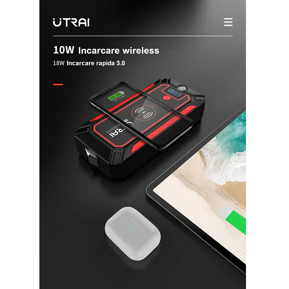 Starter auto UTRAI Jstar 4, 12V, 2500A, 24000mAh, Lanterna, Incarcare Wireless, Busola, negru