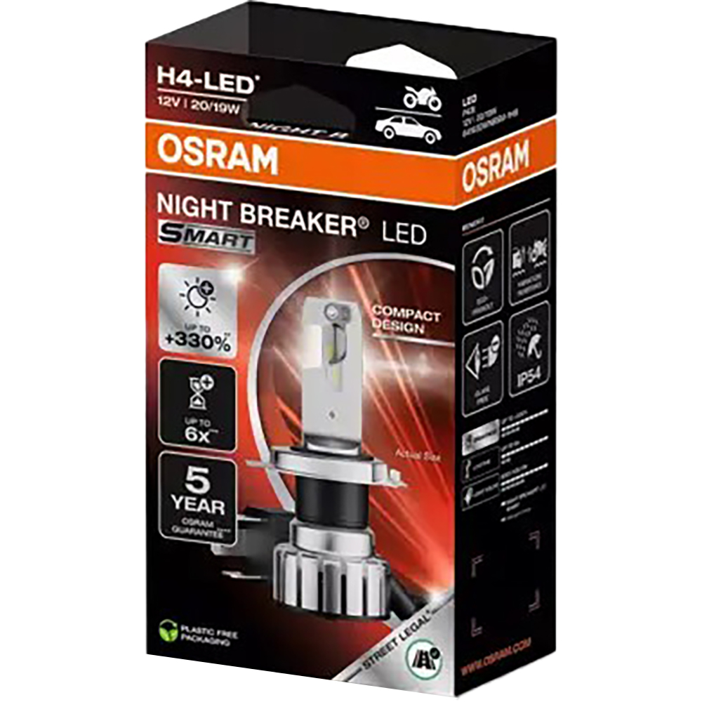 Bec auto/moto OSRAM Night Breaker Smart LED, H4, +330%, 6000K, 20W, 1buc, Omologat RAR