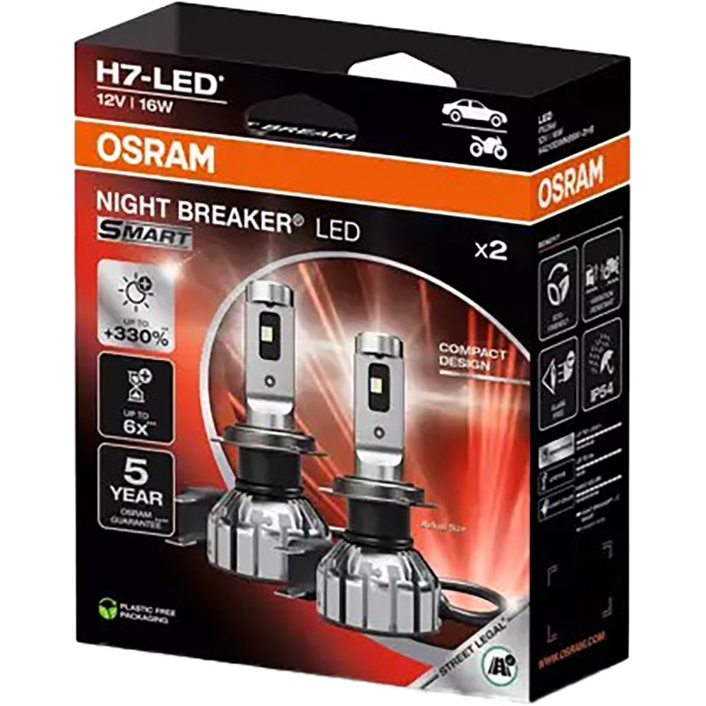 Set becuri auto OSRAM Night Breaker Smart LED, H7, 6000K, 16W, 2 buc, Omologat RAR